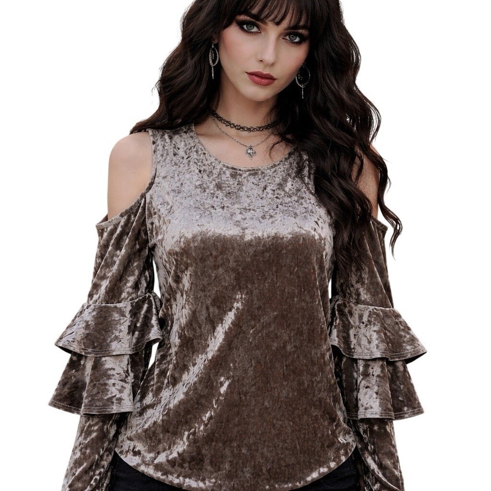 RO & DE Womens Crushed Velvet Cold Shoulder Ruffle Sleeve‎ Top Taupe Medium USA
